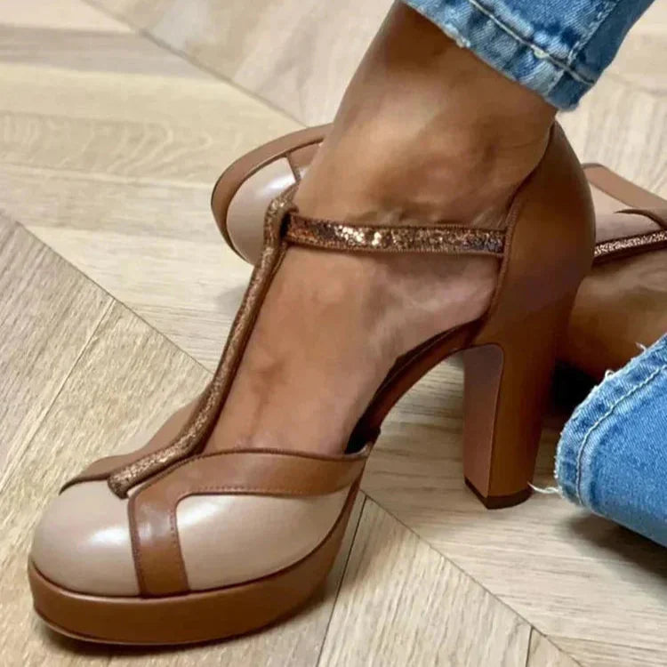 PHYLLIS TWO-TONE T-STRAP HEELS