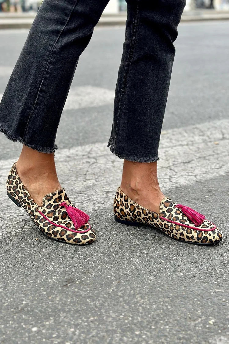 EDNA ANIMAL PRINT LOAFER WITH FUCHSIA FRINGES