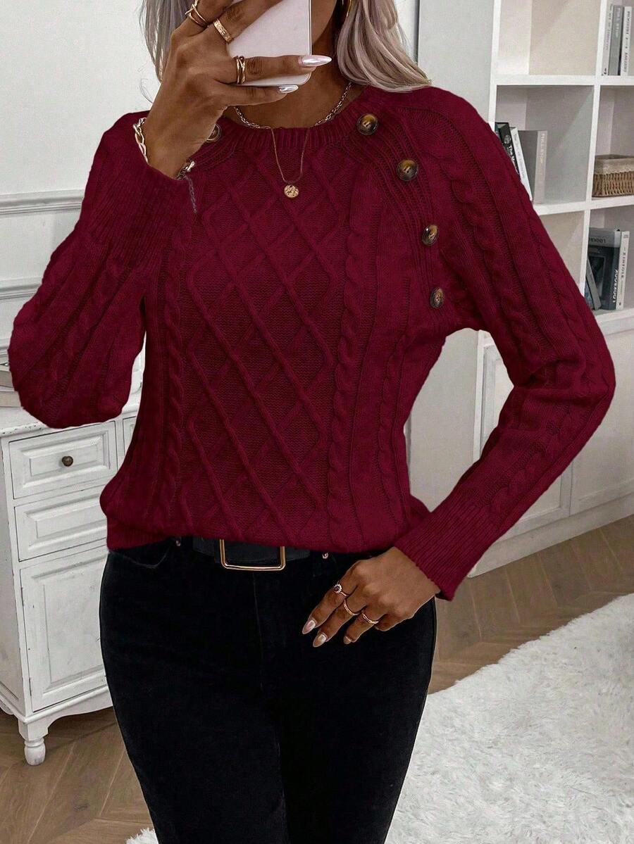 Hillary | Button-Detail Cable Knit Sweater