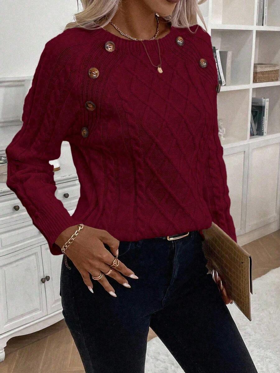 Hillary | Button-Detail Cable Knit Sweater