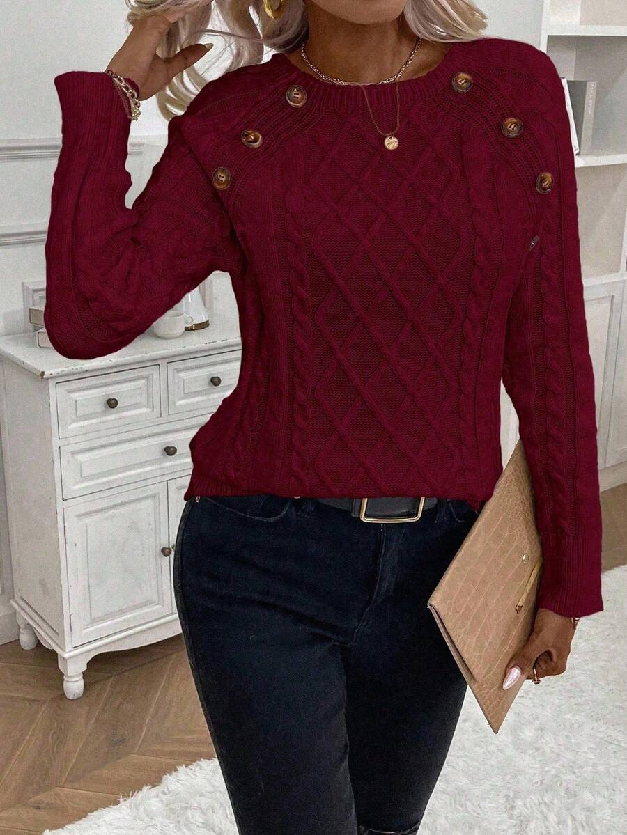 Hillary | Button-Detail Cable Knit Sweater