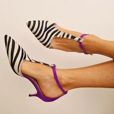Cynthia ™ | Zebra Print High Heels with Purple Heel and Back Strap