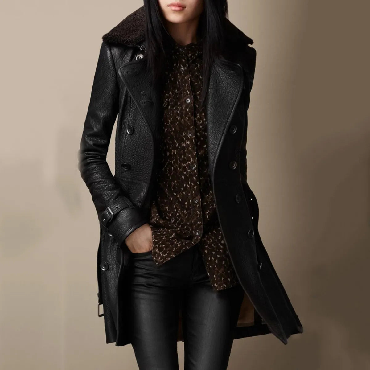 Elizabeth | Long Leather Coat with Fur Collar for Women