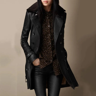 Elizabeth | Long Leather Coat with Fur Collar for Women