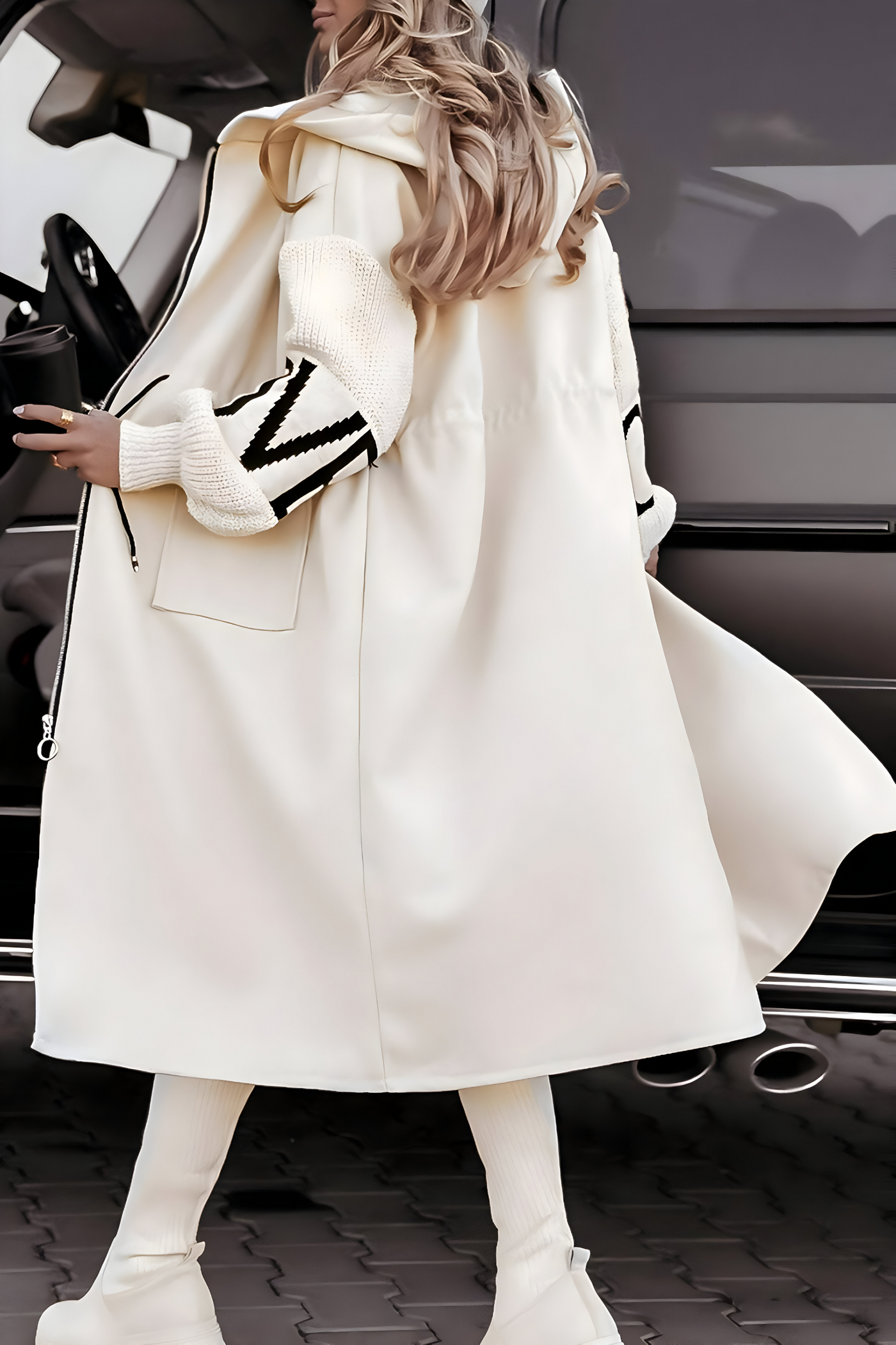 Janet | Long Hooded Coat with Knitted Sleeves for Women