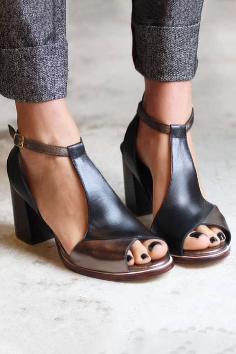 Dawn | Black Patchwork Peep Toe Heeled Sandals
