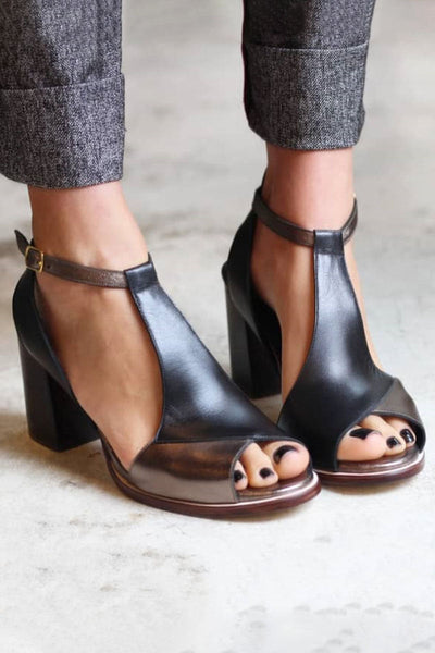 Dawn | Black Patchwork Peep Toe Heeled Sandals