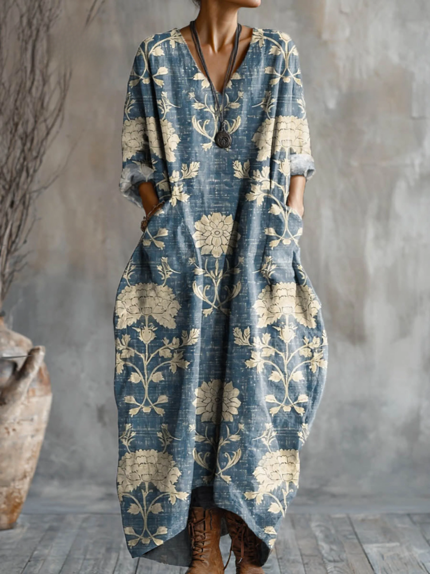 Clara Vintage Floral Pattern Art Print Pocket V-neck Cotton Dress