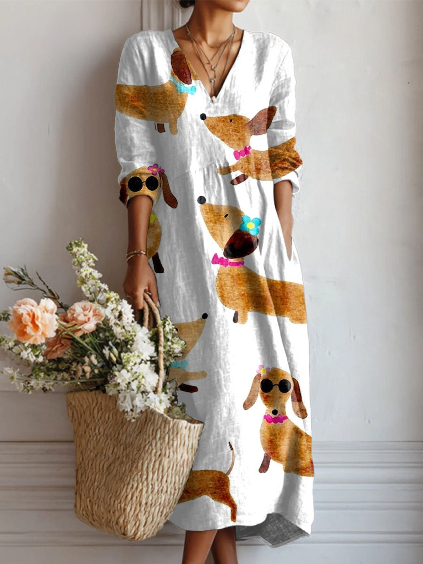 Sarah Vintage Dachshund Art Print Linen Pocket Dress