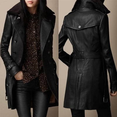 Elizabeth | Long Leather Coat with Fur Collar for Women