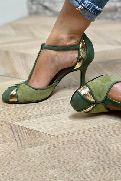 Denise | Patchwork Heels with T-Strap and Closed Toe