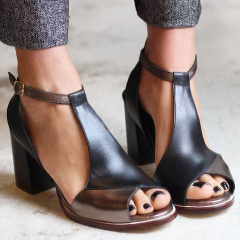 Dawn | Black Patchwork Peep Toe Heeled Sandals