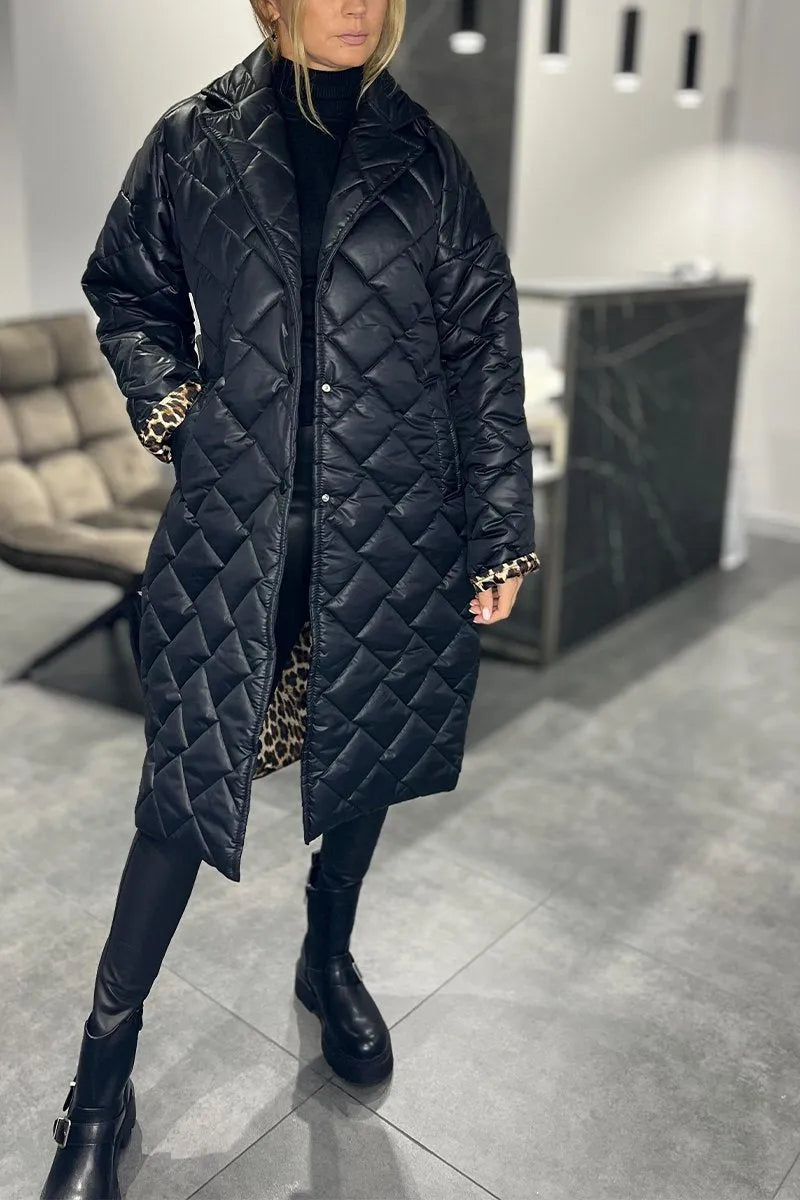 Kathleenv| Long Quilted Coat with Discreet Leopard Lining